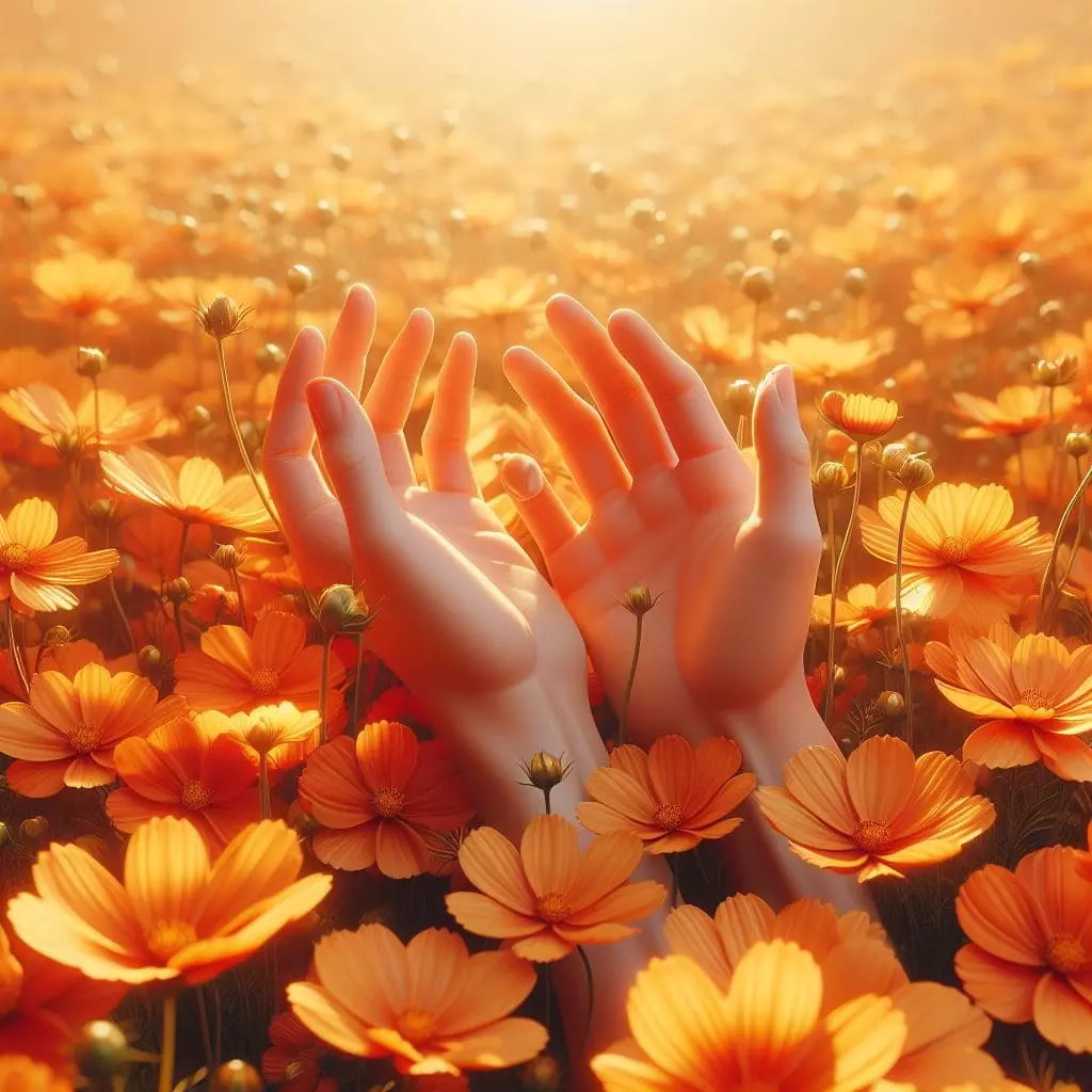 Mãos entre flores laranjas
